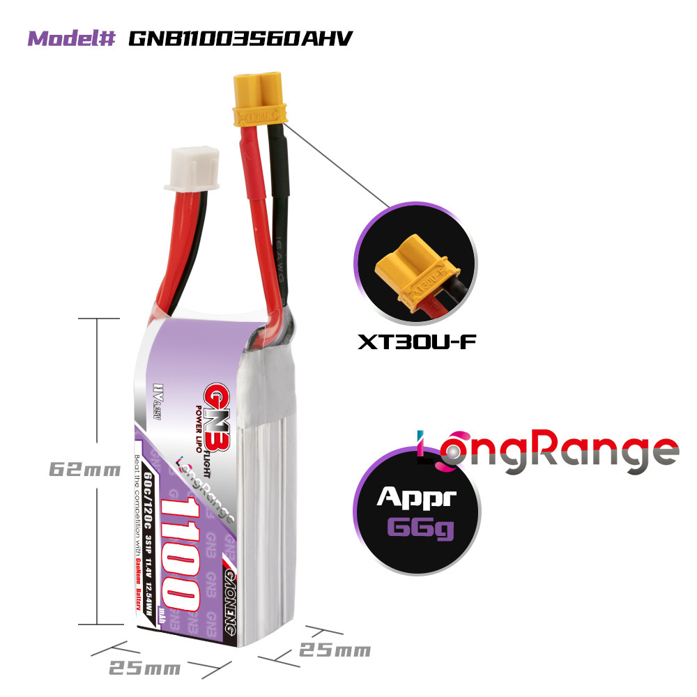 GNB 1100mAh 2S 3S 4S 6S 60C/12 - Nano Quad Fpv reseña y precio